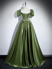 A-Line Satin Green Long Prom Dress Outfits For Girls, Green Formal Evening Dress