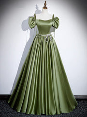 A-Line Satin Green Long Prom Dress Outfits For Girls, Green Formal Evening Dress