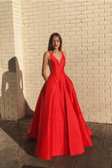 A Line Satin Red Prom Dress V Neck Party Gowns With Pockets Graduation Dress