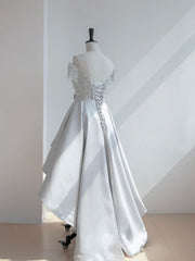 A-Line Scoop Neckline Lace Gray Prom Dress Outfits For Girls, High Low Style Satin Formal Dresses