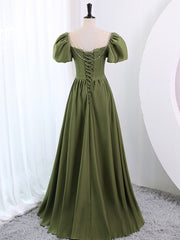 A-Line Scoop Neckline Puff Sleeves Satin Long Green Prom Dress Outfits For Girls, Green Formal Dress