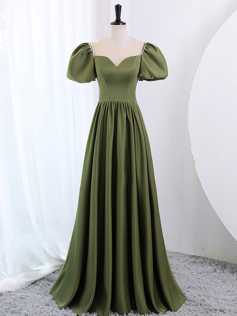 A-Line Scoop Neckline Puff Sleeves Satin Long Green Prom Dress Outfits For Girls, Green Formal Dress