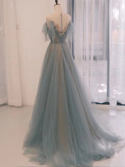 A-Line Scoop Neckline Tulle Gray Blue Long Prom Dress Outfits For Women with Sequin