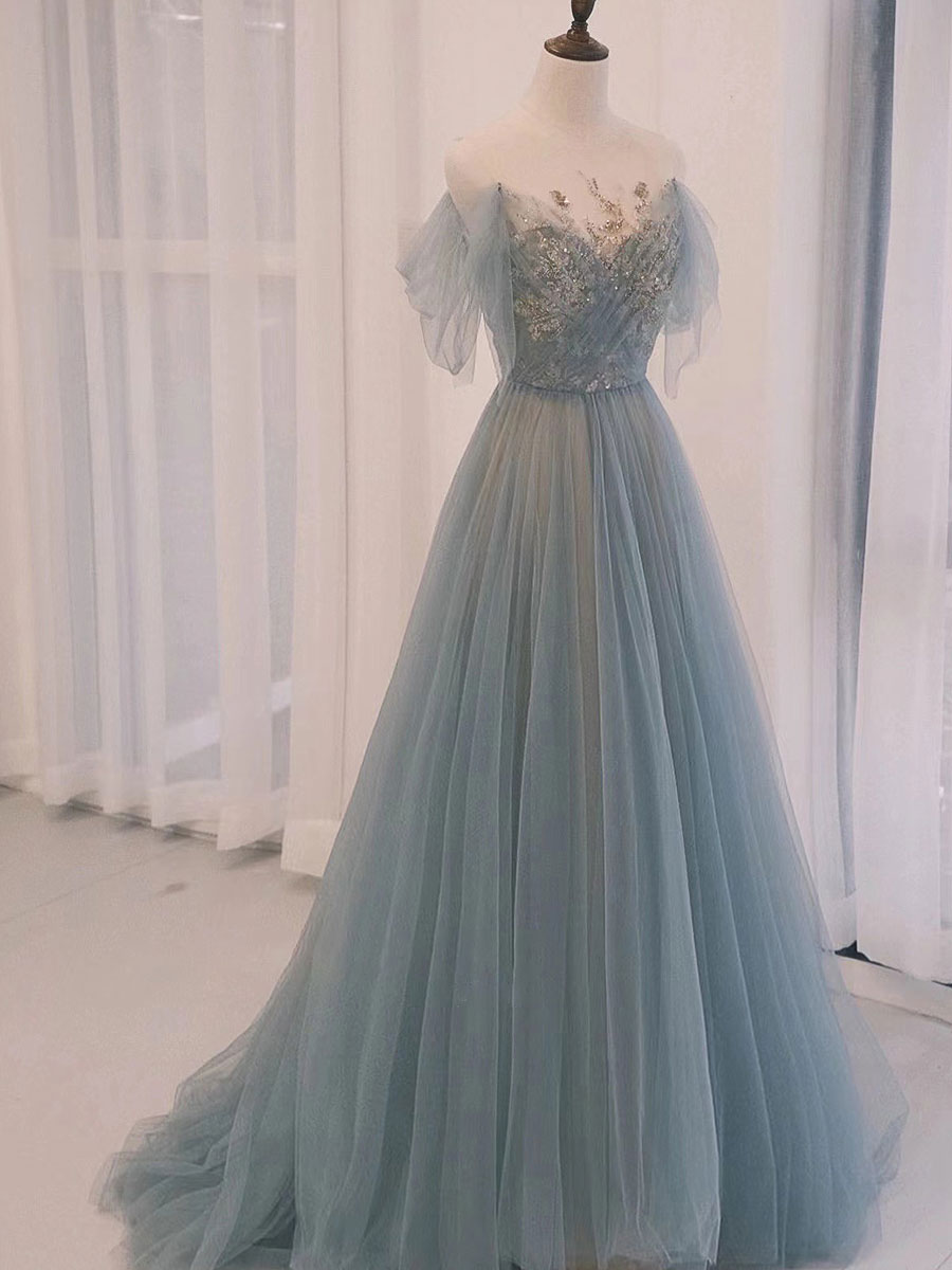A-Line Scoop Neckline Tulle Gray Blue Long Prom Dress Outfits For Women with Sequin