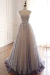 A-Line Scoop Neckline Tulle Long Prom Dress Outfits For Women with Beaded, Evening Party Dress