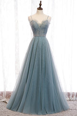 A-Line Spaghetti Straps Tulle Beaded Long Prom Dress Outfits For Girls, Cute Evening Party Dress