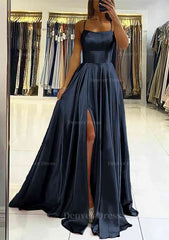 A Line Square Neckline Sleeveless Satin Sweep Train Prom Dress Outfits For Women With Pleated