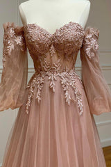 A-Line Strapless Long Lace Prom Dress Outfits For Girls, Sweetheart Neck Tulle Evening Party Dress