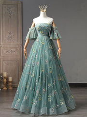 A-Line Sweetheart Neck Green Long Prom Dresses For Black girls For Women, Green Lace Formal Dress