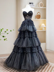A-Line Sweetheart Neck Lace Black Long Prom Dress Outfits For Girls, Black Formal Dress