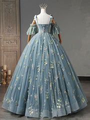 A-Line Sweetheart Neck Lace Gray Blue Long Prom Dress Outfits For Girls, Gray Blue Sweet 16 Dress