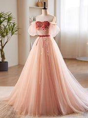 A-Line Sweetheart Neck Sequin Tulle Pink Long Prom Dress Outfits For Girls, Pink Formal Dress