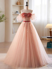 A-Line Sweetheart Neck Sequin Tulle Pink Long Prom Dress Outfits For Girls, Pink Formal Dress
