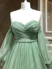 A-Line Sweetheart Neck Tulle Green Long Prom Dress Outfits For Girls, Green Formal Evening Dress