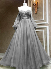 A-Line Sweetheart Neck Tulle Green Long Prom Dress Outfits For Girls, Green Formal Evening Dress