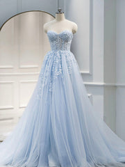 A Line Sweetheart Neck Tulle lace Blue Long Prom Dresses For Black girls For Women, Lace Formal Gown Graduation Dresses