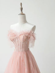 A-Line Sweetheart Neck Tulle Lace Pink Long Prom Dress Outfits For Girls, Pink Formal Dress