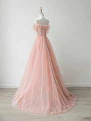 A-Line Sweetheart Neck Tulle Lace Pink Long Prom Dress Outfits For Girls, Pink Formal Dress