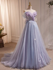A-Line Sweetheart Neck Tulle Purple Long Prom Dress Outfits For Girls, Purple Formal Dress