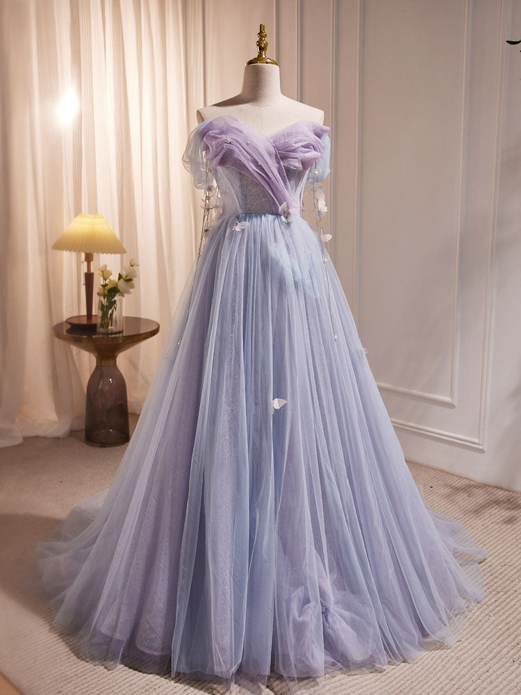A-Line Sweetheart Neck Tulle Purple Long Prom Dress Outfits For Girls, Purple Formal Dress