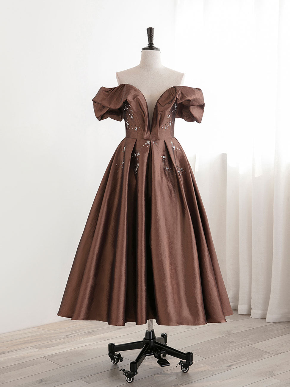A-Line Tea length Brown Prom Dresses For Black girls For Women, Off Shoulder Brown Formal Dress Outfits For Women with Beading