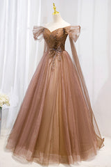 A-Line Tulle Beaded Long Formal Dress Outfits For Girls, Off the Shoulder Evening Dress