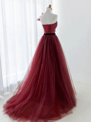 A-Line Tulle Burgundy Long Prom Dress Outfits For Girls, Burgundy Formal Evening Dress