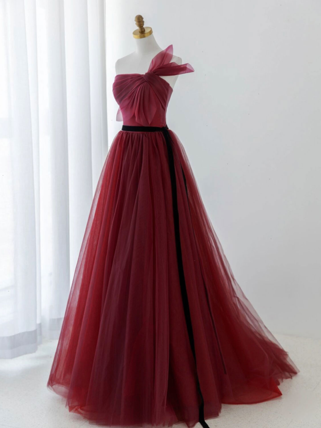 A-Line Tulle Burgundy Long Prom Dress Outfits For Girls, Burgundy Formal Evening Dress