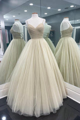 A-Line Tulle Floor Length Prom Dress Outfits For Girls, Spaghetti Strap Evening Party Dress