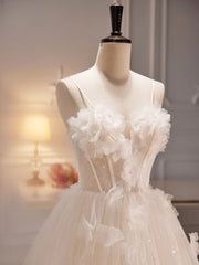A-Line Tulle Flower Light Champagne Long Prom Dresses For Black girls For Women, Shiny Formal Dresses