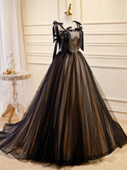 A-Line Tulle Lace Black Long Prom Dress Outfits For Girls, Black Formal Evening Dresses