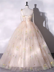 A-Line Tulle Lace Champagne Long Prom Dress Outfits For Girls, Champagne Formal Sweet 16 Dress