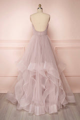 A-Line Tulle Layers Long Formal Dress Outfits For Girls, Cute V-Neck Evening Party Dress