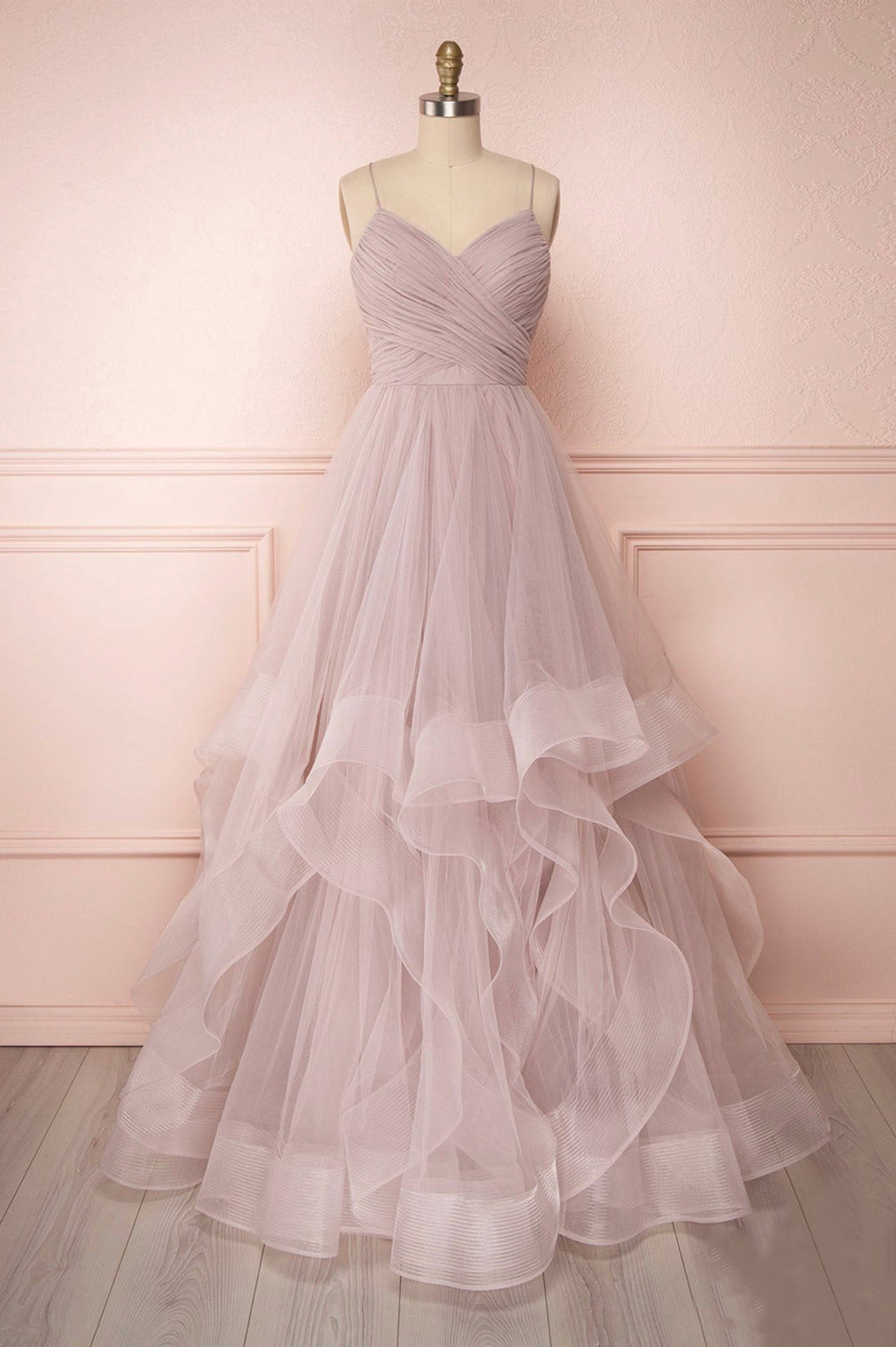 A-Line Tulle Layers Long Formal Dress Outfits For Girls, Cute V-Neck Evening Party Dress