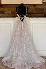 A-Line Tulle Sequins Long Prom Dress Outfits For Girls, Spaghetti Strap Backless Evening Dress