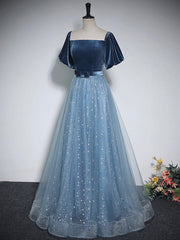 A-Line Tulle Velvet Blue Long Prom Dress Outfits For Girls, Blue Tulle Formal Dress