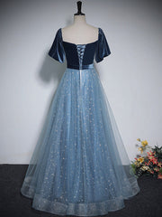 A-Line Tulle Velvet Blue Long Prom Dress Outfits For Girls, Blue Tulle Formal Dress