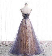 A-line Tulle with Lace Applique Party Dress Outfits For Girls, Tulle Long Prom Dress