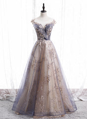 A-line Tulle with Lace Applique Party Dress Outfits For Girls, Tulle Long Prom Dress