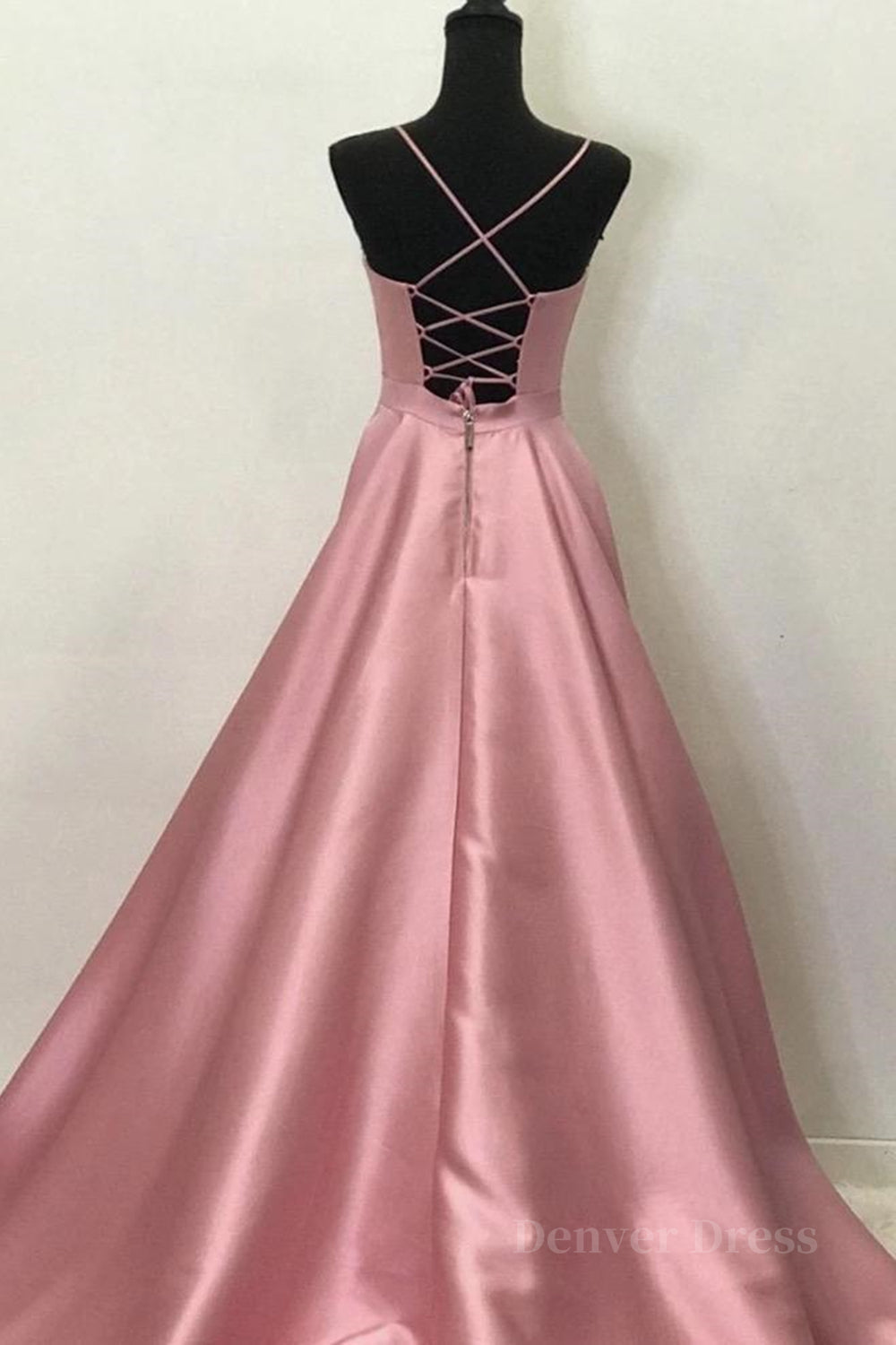 A Line V Neck Open Back Pink Satin Long Prom Dresses Open Back Pink Fo Denver Dress 1390