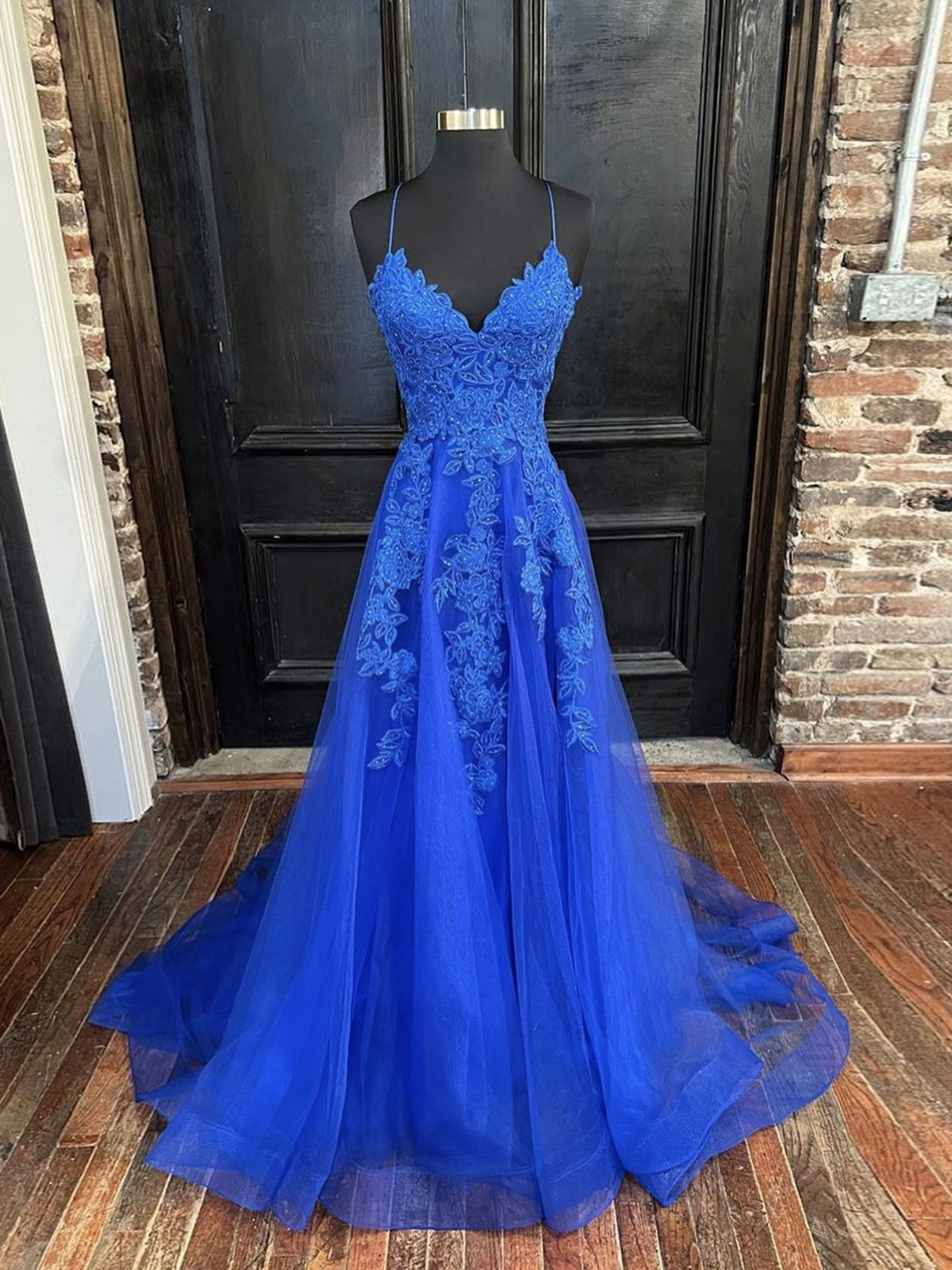 A Line V Neck Royal Blue Lace Prom Dresses For Black girls For Women, Royal Blue Lace Formal Evening Dresses