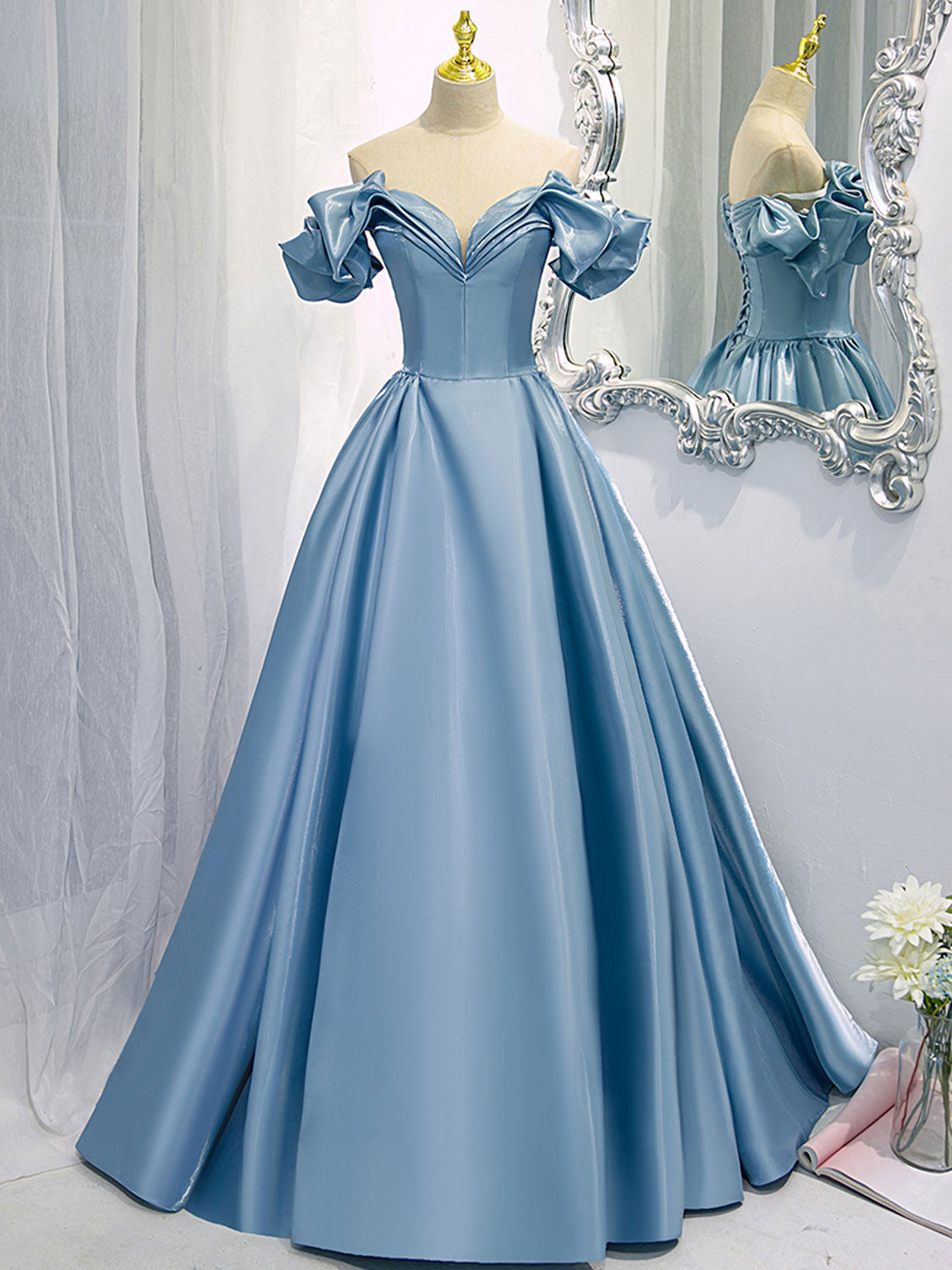 A-Line V Neck Satin Blue Long Prom Dress Outfits For Girls, Blue Formal Evening Dresses