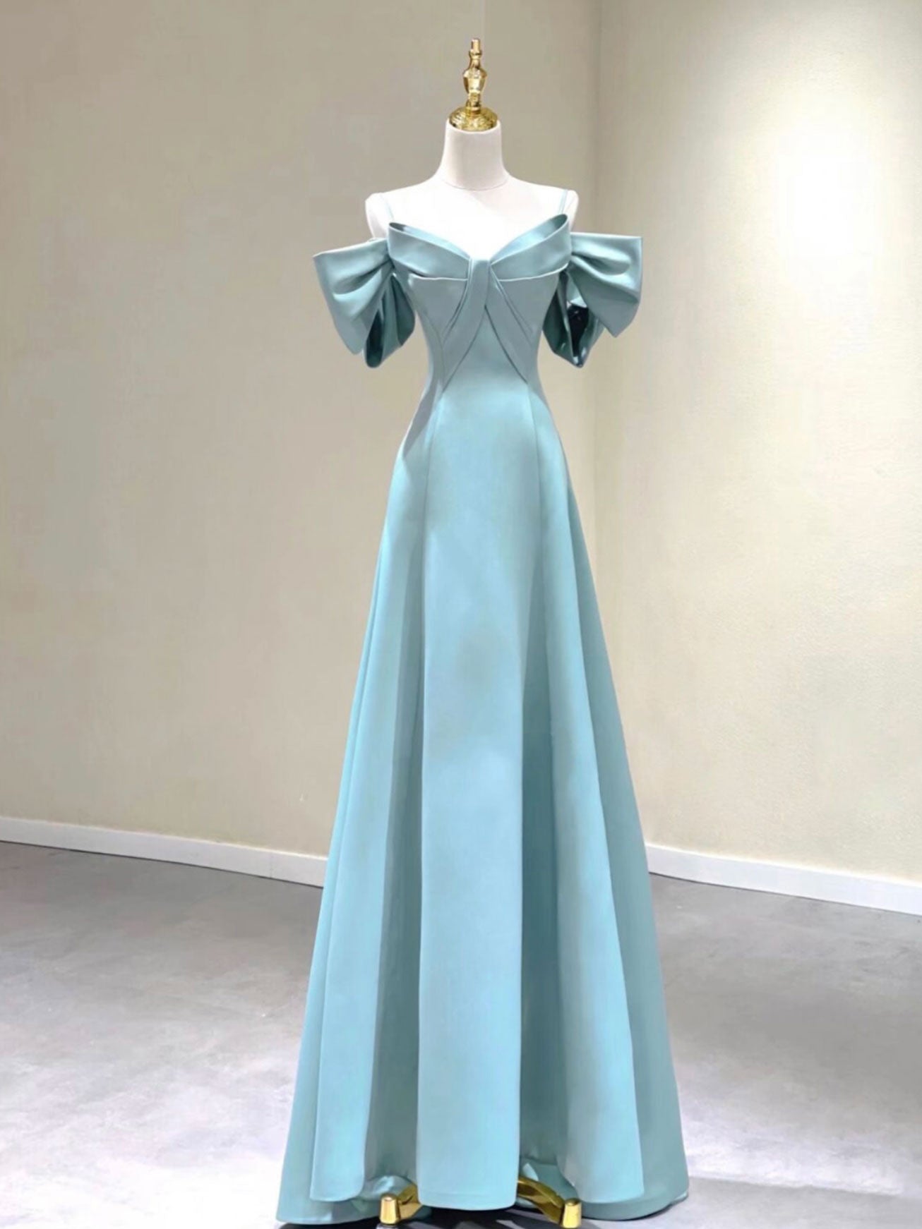 A-Line V Neck Satin Blue Long Prom Dress Outfits For Girls, Blue Formal Evening Dresses