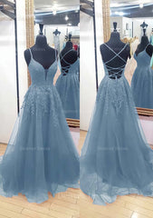 A Line V Neck Sleeveless Chapel Train Tulle Prom Dress Outfits For Women With Appliqued Lace