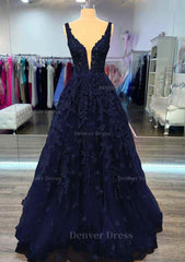 A Line V Neck Sleeveless Long Floor Length Lace Prom Dress Outfits For Women With Beading