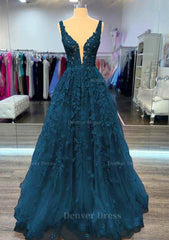 A Line V Neck Sleeveless Long Floor Length Lace Prom Dress Outfits For Women With Beading