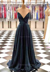 A Line V Neck Spaghetti Straps Sweep Train Charmeuse Prom Dress Outfits For Women With Pleated