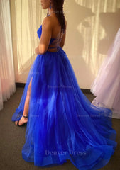 A Line V Neck Spaghetti Straps Sweep Train Tulle Prom Dress Outfits For Women With Split
