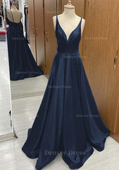 A Line V Neck Sweep Train Satin Prom Dress Outfits For Women With Pleated