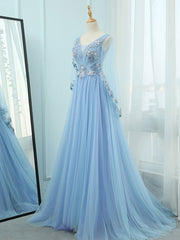 A-Line V Neck Tulle Lace Blue Long Prom Dresses For Black girls For Women, Blue Formal Evening Dress